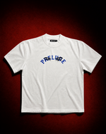 PRELUDE's white varsity t-shirt with blue logo graphics. A clean, collegiate-inspired tee that pairs with everything. Shop the full varsity series.