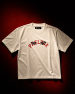 PRELUDE's white varsity t-shirt with bold red logo graphics. A classic collegiate color pairing on a clean everyday tee. Shop the varsity series.
